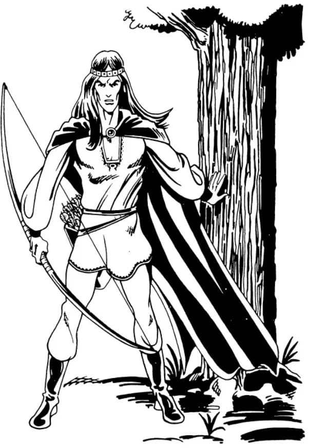 An elf archer with longbow and striped cloak beside a tree