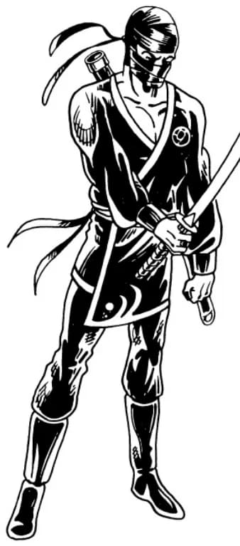 A masked assassin in dark garb drawing a sword