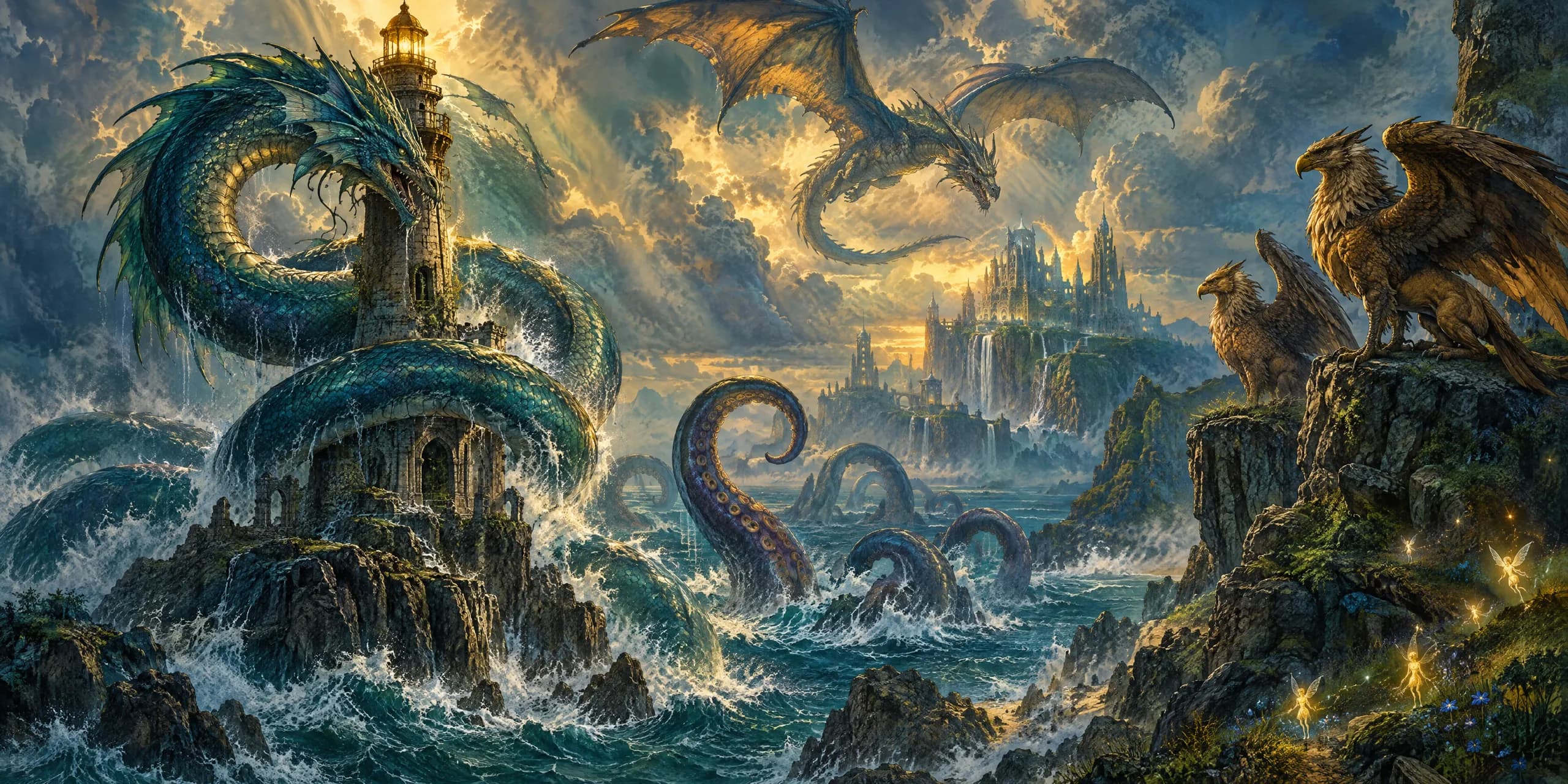 A sea serpent coils around a cliff lighthouse as a dragon flies overhead, kraken tentacles rise from the surf and griffins perch nearby.