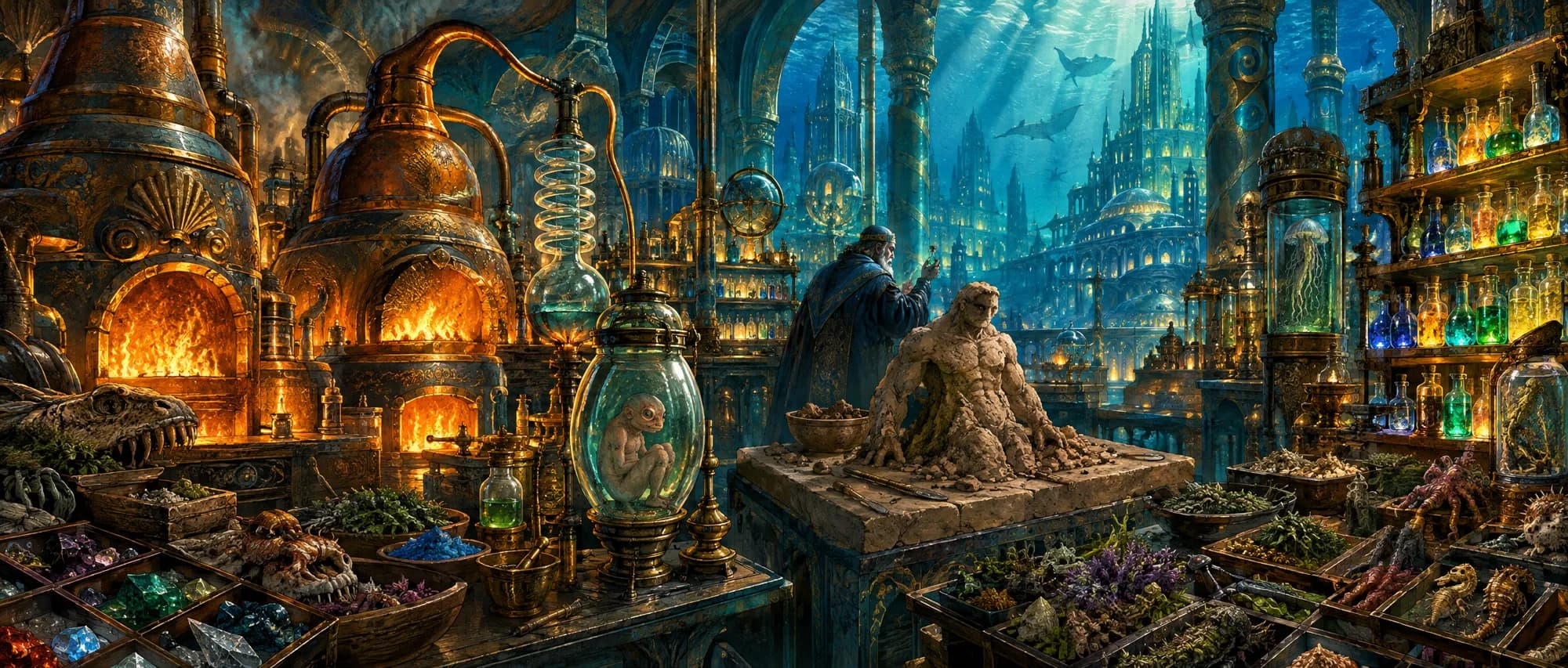 An alchemist shapes a clay golem beside copper furnaces and a homunculus in a jar, with whales drifting past a sunken city beyond.