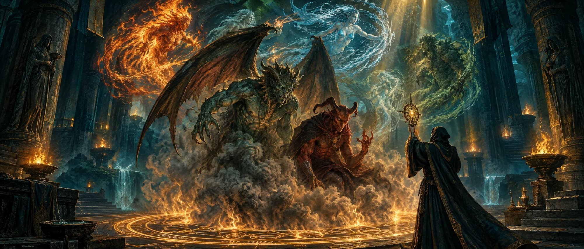 A hooded summoner raises a holy symbol as a winged demon and a horned devil rise from smoke in a fiery circle, elementals swirling above.