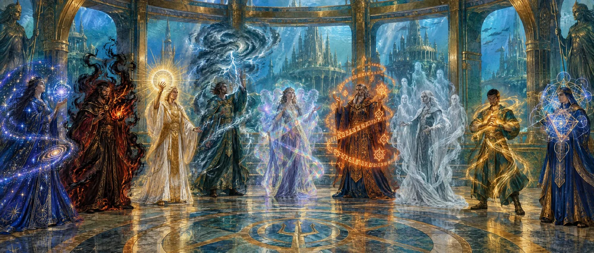 Nine robed spell casters stand on a trident-inlaid floor, each wreathed in different magic: stars, black flame, holy light, storm and runes.
