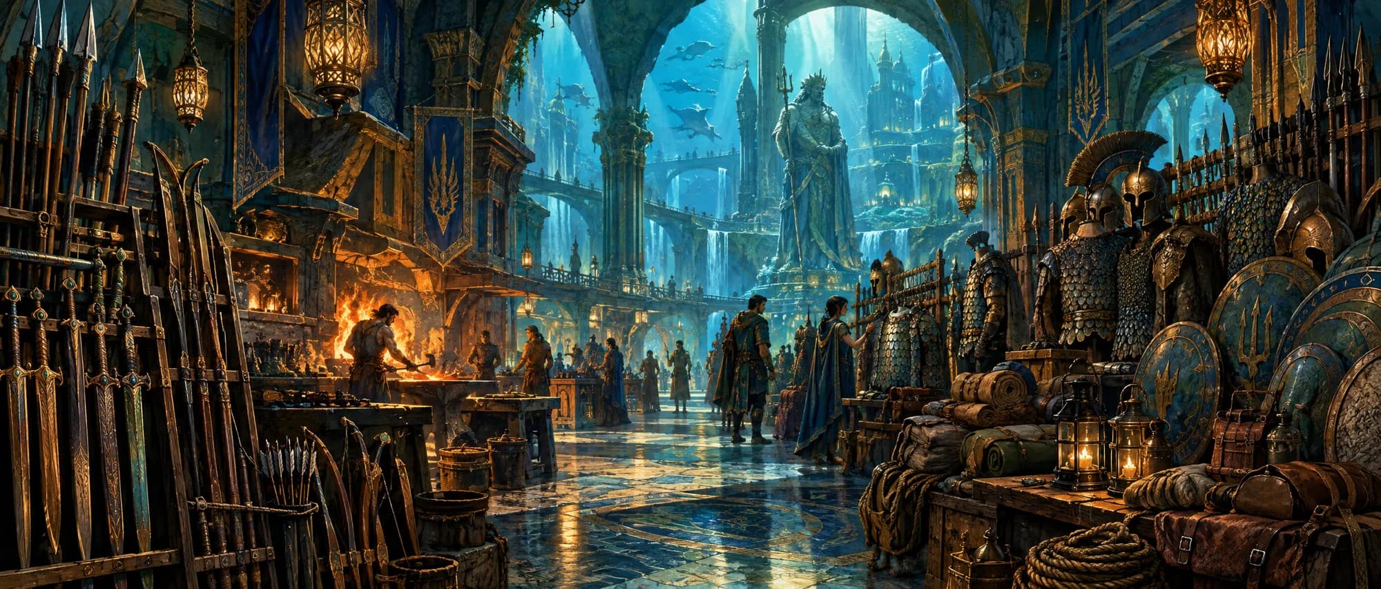 An armorer's hall lined with racks of swords, spears and shields, a smith at a glowing forge, and a trident statue in a sunken city beyond.
