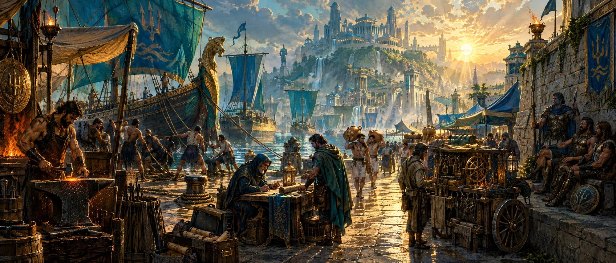A harbor market at dawn where a smith works an anvil, a scribe writes at a table, porters haul goods and sailing ships crowd the quay.