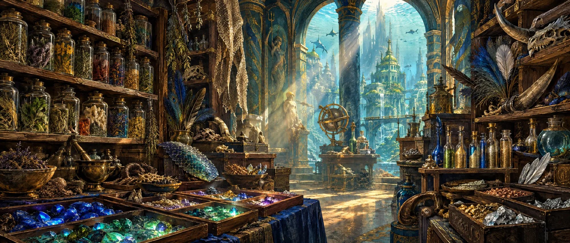 An apothecary storeroom with shelves of herb jars, trays of glowing gems, feathers and horns, and sharks swimming past a sunken city.