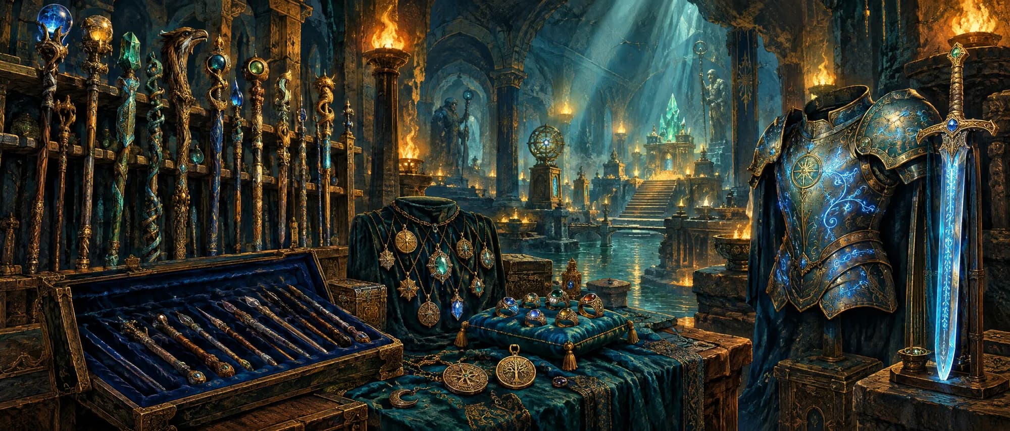 A torchlit vault of jeweled staves, wands in a velvet case, amulets, rings on a cushion, and a rune-lit breastplate beside a glowing sword.