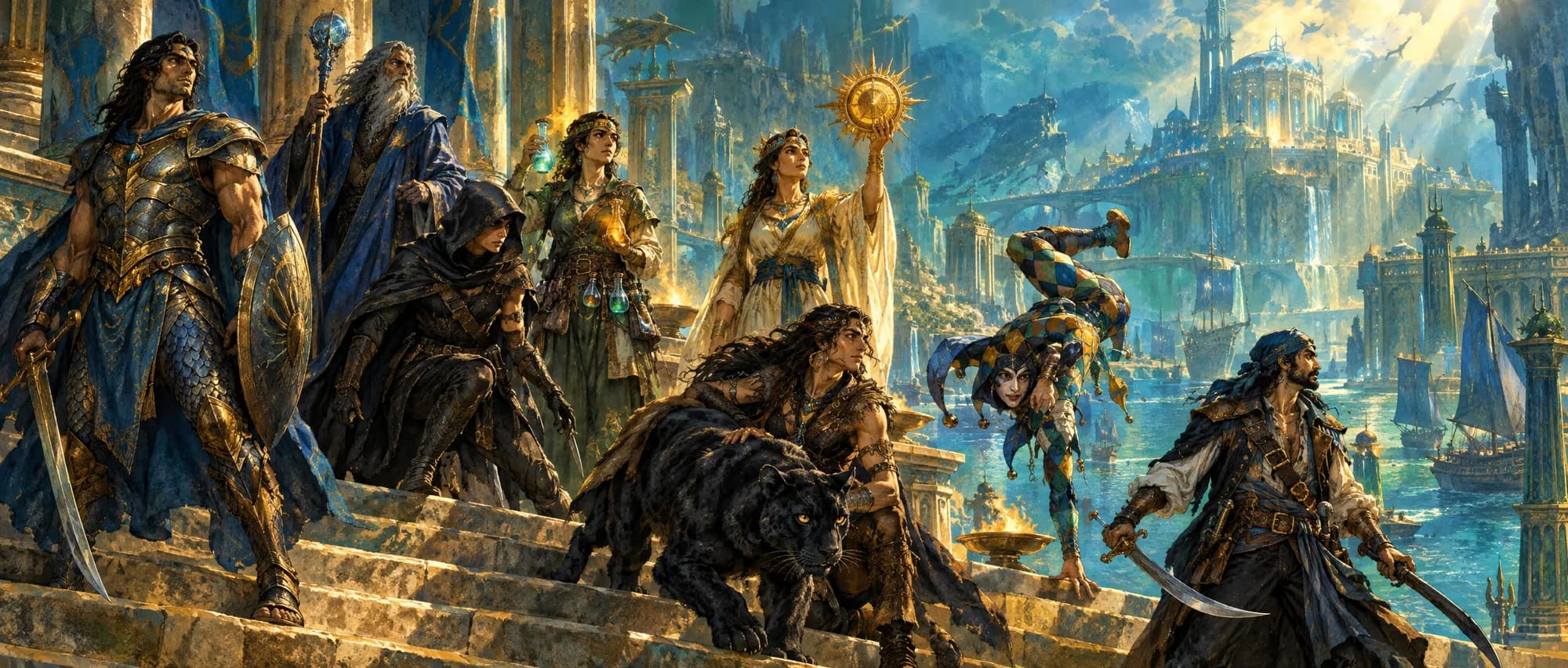 Adventurers on a sunlit temple stair over a harbor: warrior, wizard, hooded spy, alchemist, sun-disc priestess, panther, harlequin, corsair.