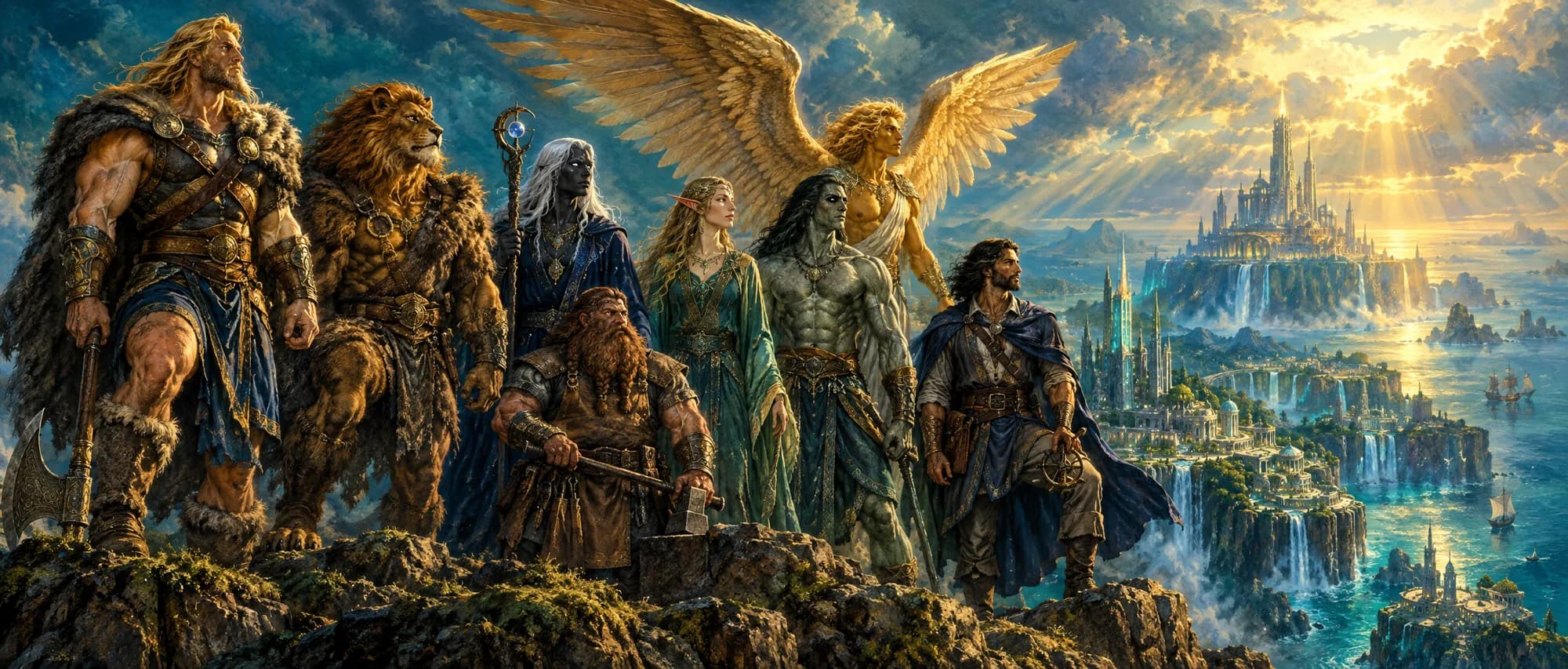 Eight peoples on a clifftop over a waterfall city: Aesir, lion-headed Andaman, Druas, dwarf, elf, Netherman, winged Zephyr and human.