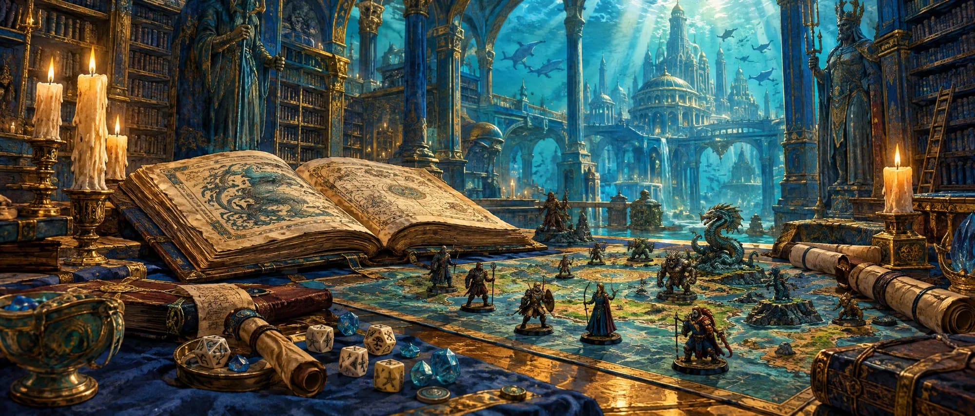 A candlelit table with an open tome, bone and crystal dice, scrolls and miniatures on a painted map, sharks circling a sunken city beyond.