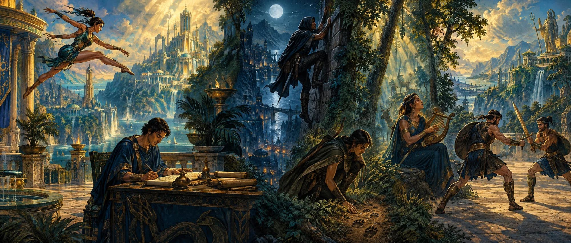 A panorama of skills: an acrobat leaping, a scribe writing, a thief climbing a moonlit wall, a tracker, a lyre player and sparring fighters.