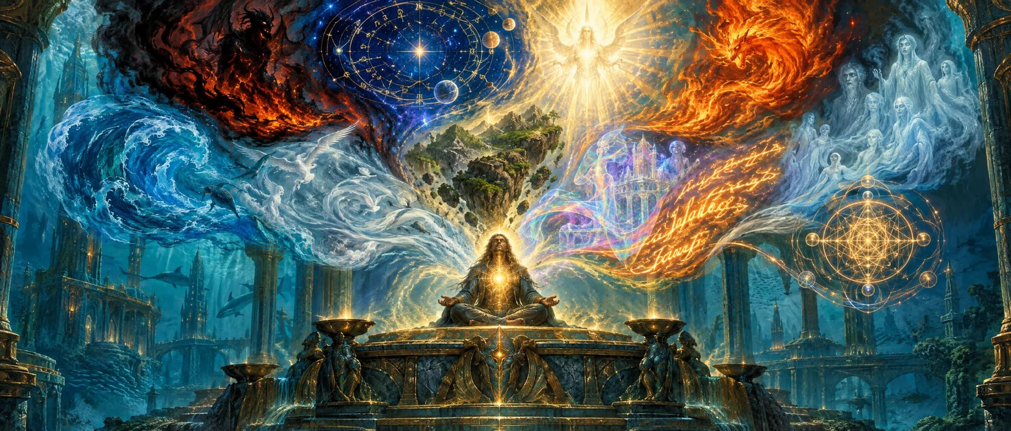 A meditating mystic glows on an altar beneath swirling stars, black flame, holy light, fire, waves, spirits and sigils in a sunken hall.
