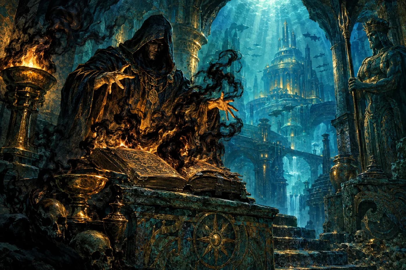 A hooded sorcerer conjures black fire over a grimoire on a skull-strewn crypt altar, a trident statue and a sunken city with sharks behind.
