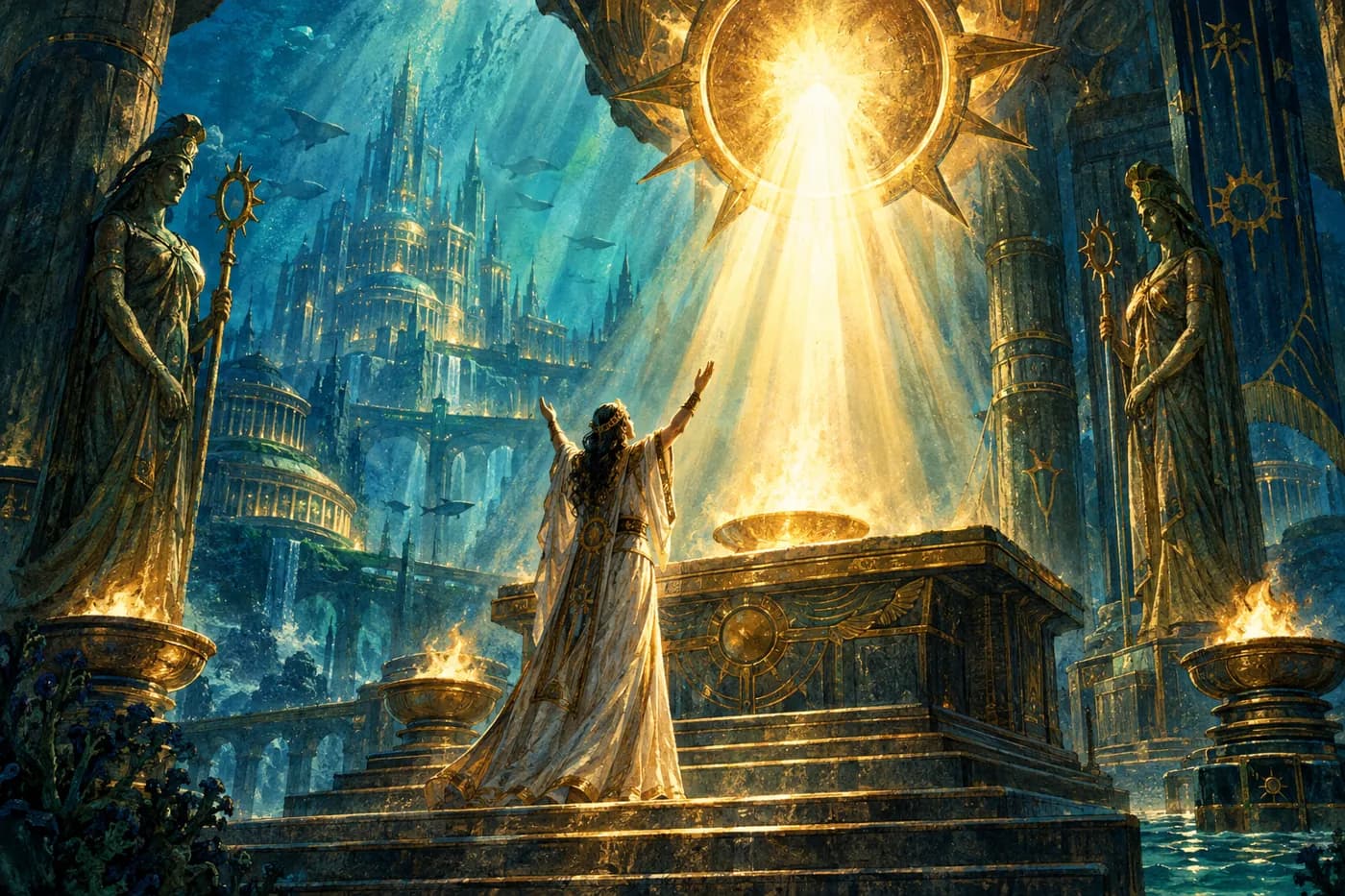 A priestess in white raises her arms at a temple altar as light pours from a great golden sun disc, statues flanking a sunken city.