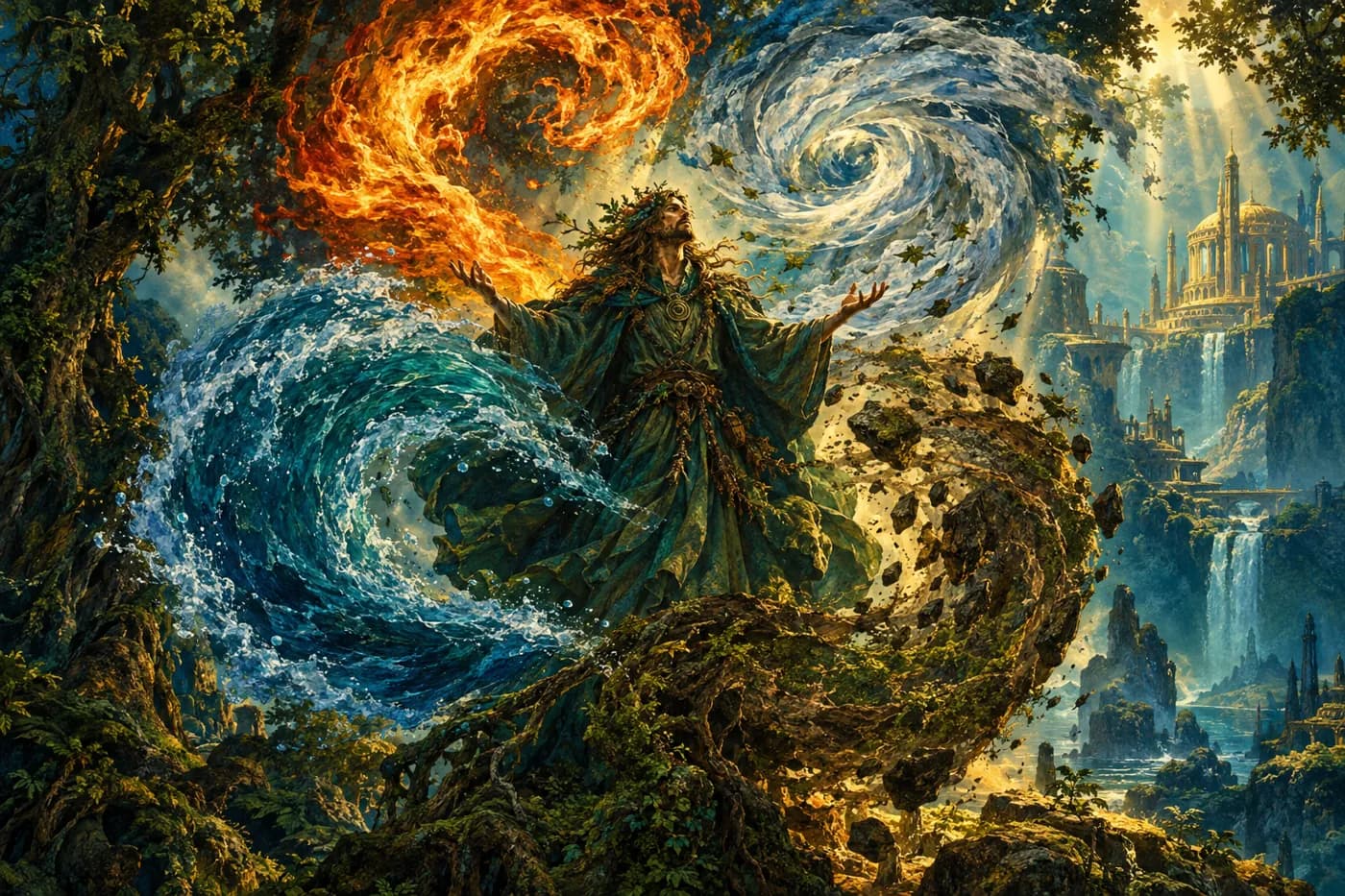 A leaf-crowned druid in green robes stands in a forest as fire, a water wave, a whirlwind and flying rocks spiral around him.