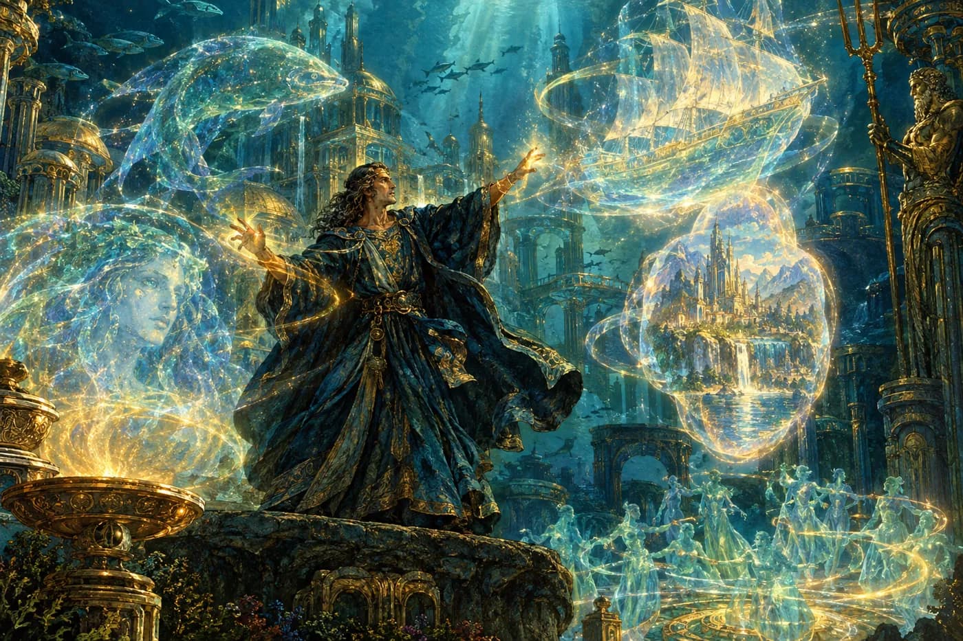 A robed magician conjures shimmering illusions of a whale, a ship, a woman's face, a castle and dancers amid a sunken city with fish.