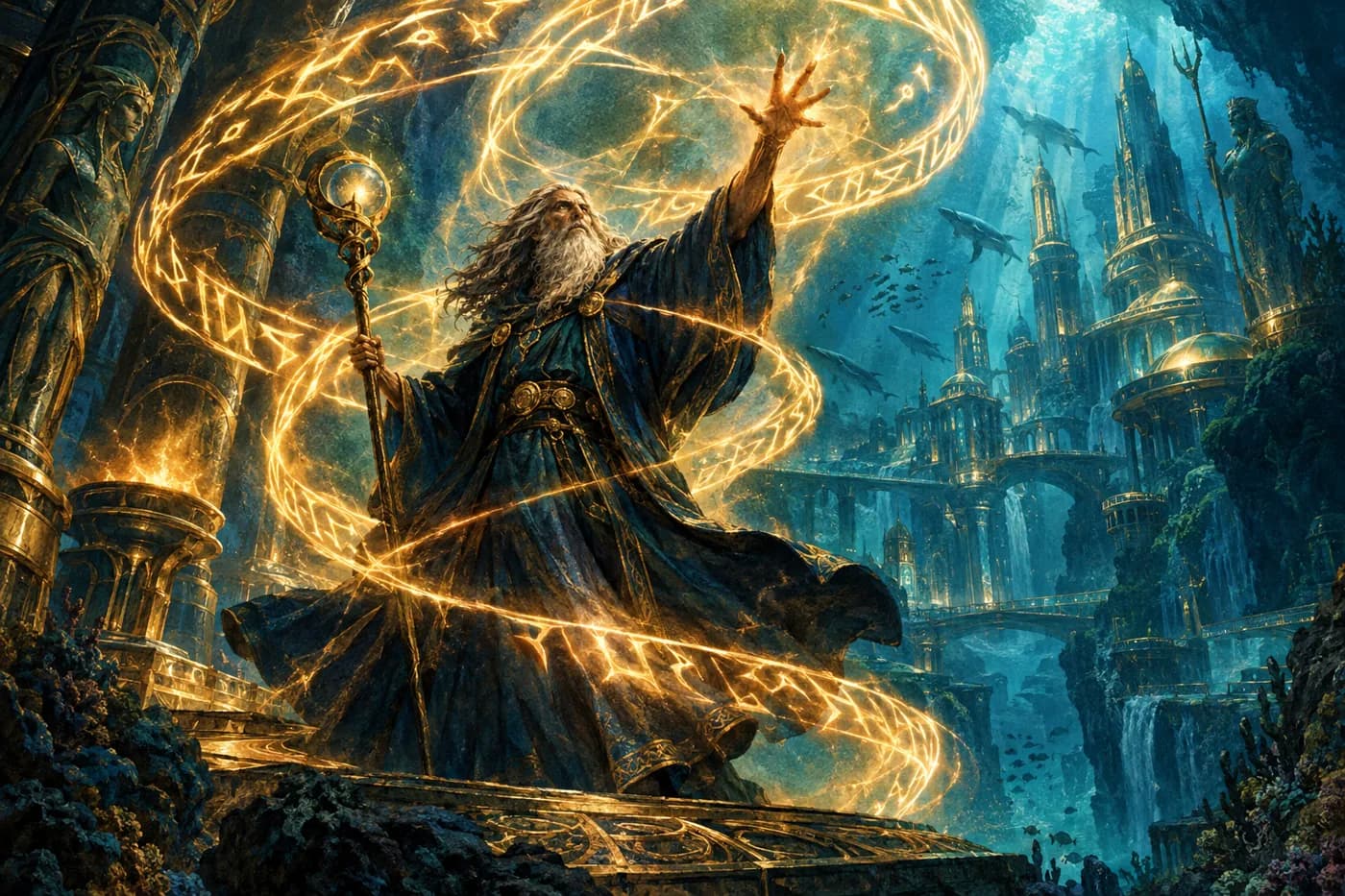 A white-bearded wizard with an orb staff raises a hand as ribbons of blazing golden runes coil around him, whales passing a sunken city.