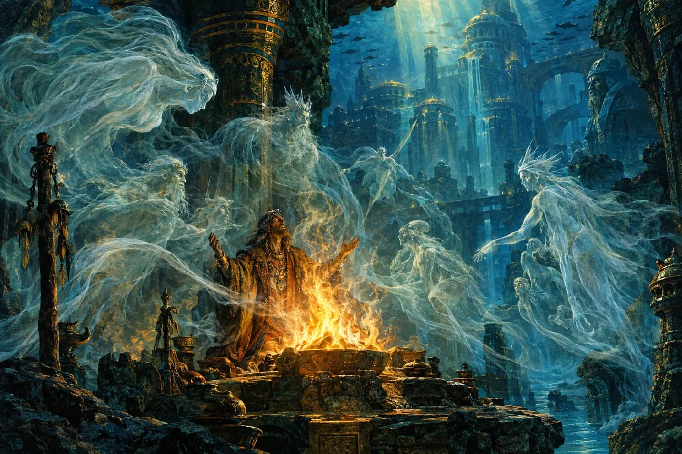 A shaman raises his hands over a fire bowl as pale, crowned spirits swirl around him, with fish drifting above a sunken city behind.