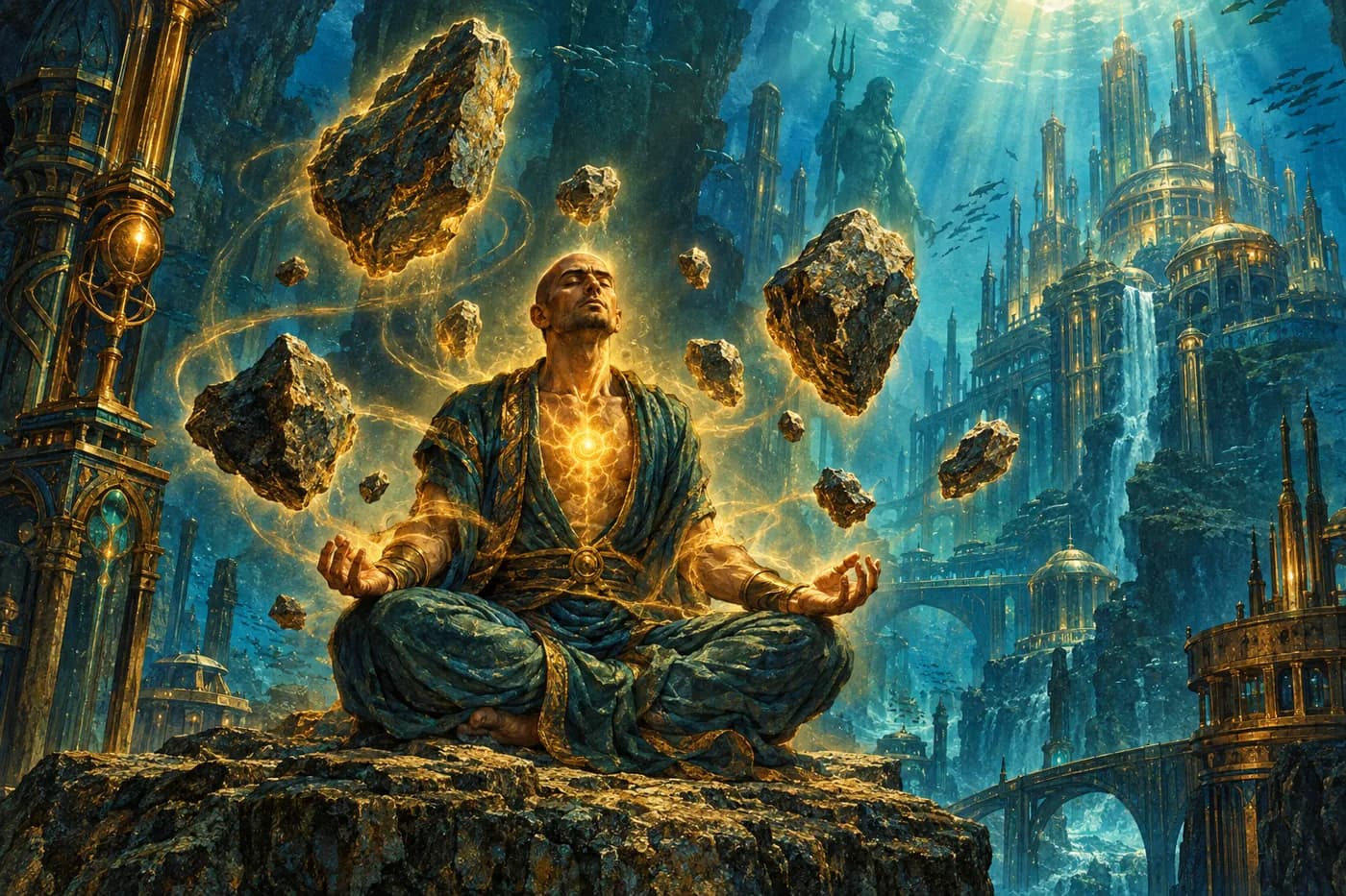 A bald monk meditates cross-legged on a rock with a golden glow at his chest as boulders float around him before a sunken city.