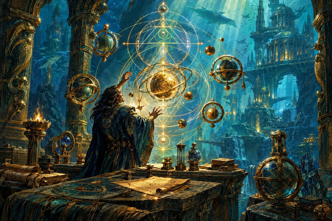 A robed sorcerer reaches toward glowing geometric sigils and orbiting brass armillary spheres above a workbench, whales passing outside.