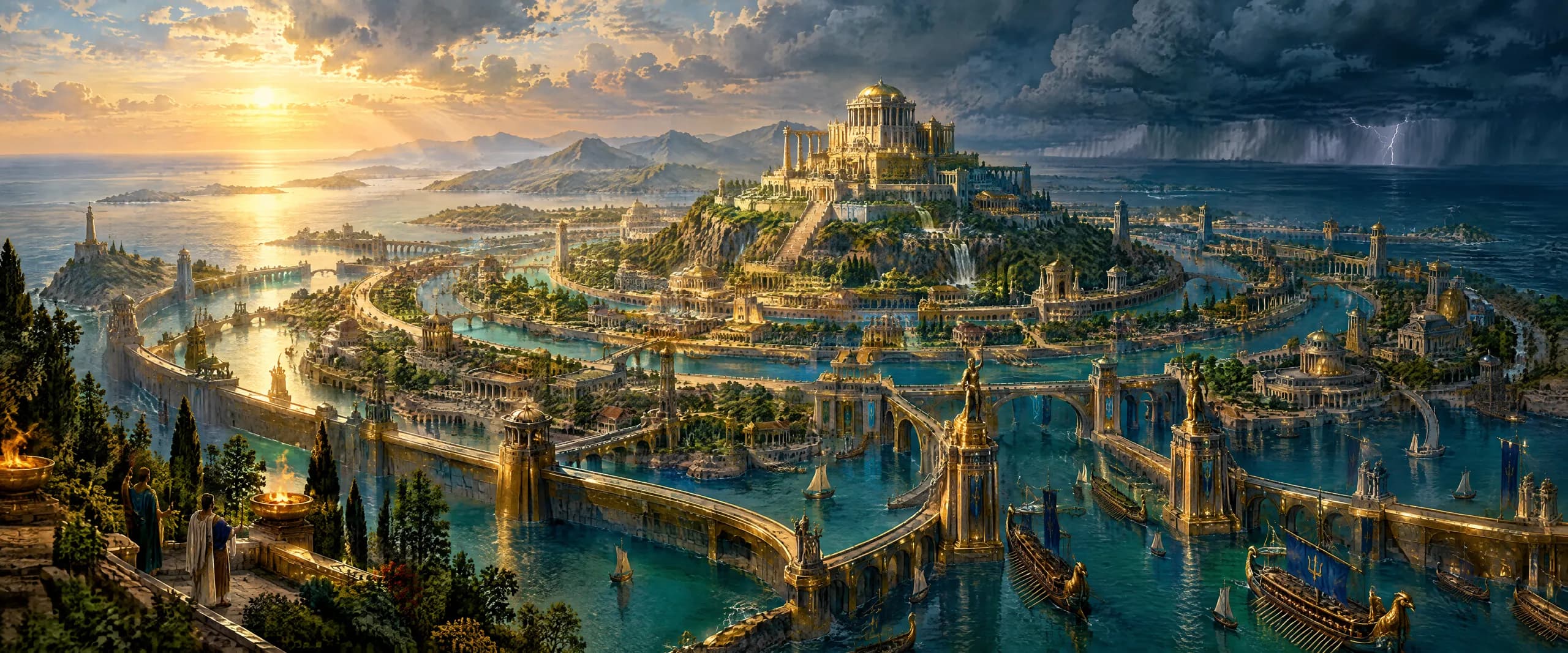 Atlantis at sunset with concentric canal rings, gilded bridges and harbor walls, war galleys, and a hilltop temple as a storm nears.