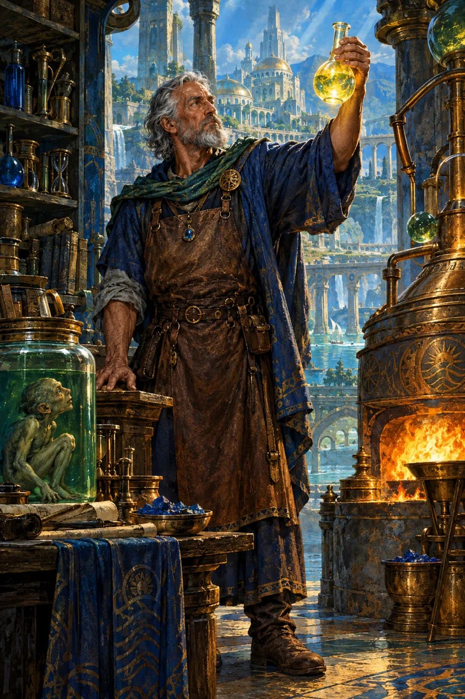 A gray-bearded alchemist in a leather apron holds up a glowing flask by a roaring furnace, a homunculus crouched in a green jar.