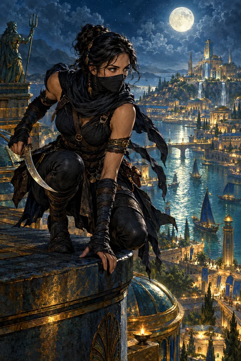 A masked woman in dark wrappings crouches on a moonlit rooftop with a curved dagger, a lamplit harbor city spread out below.