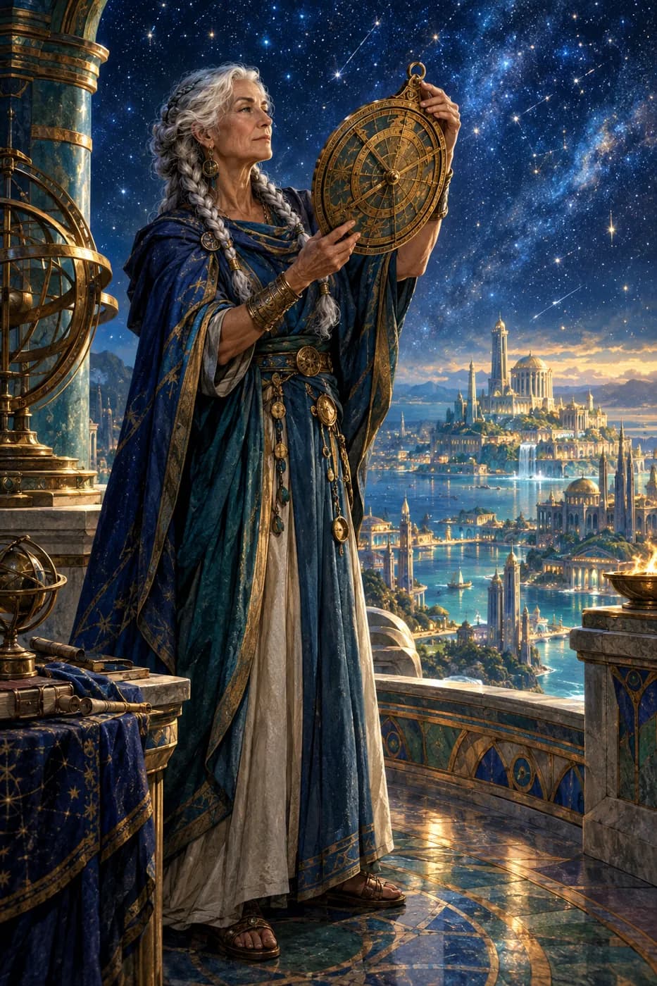A silver-braided old woman studies a bronze astrolabe on an open observatory terrace beneath a starry sky above a coastal city.