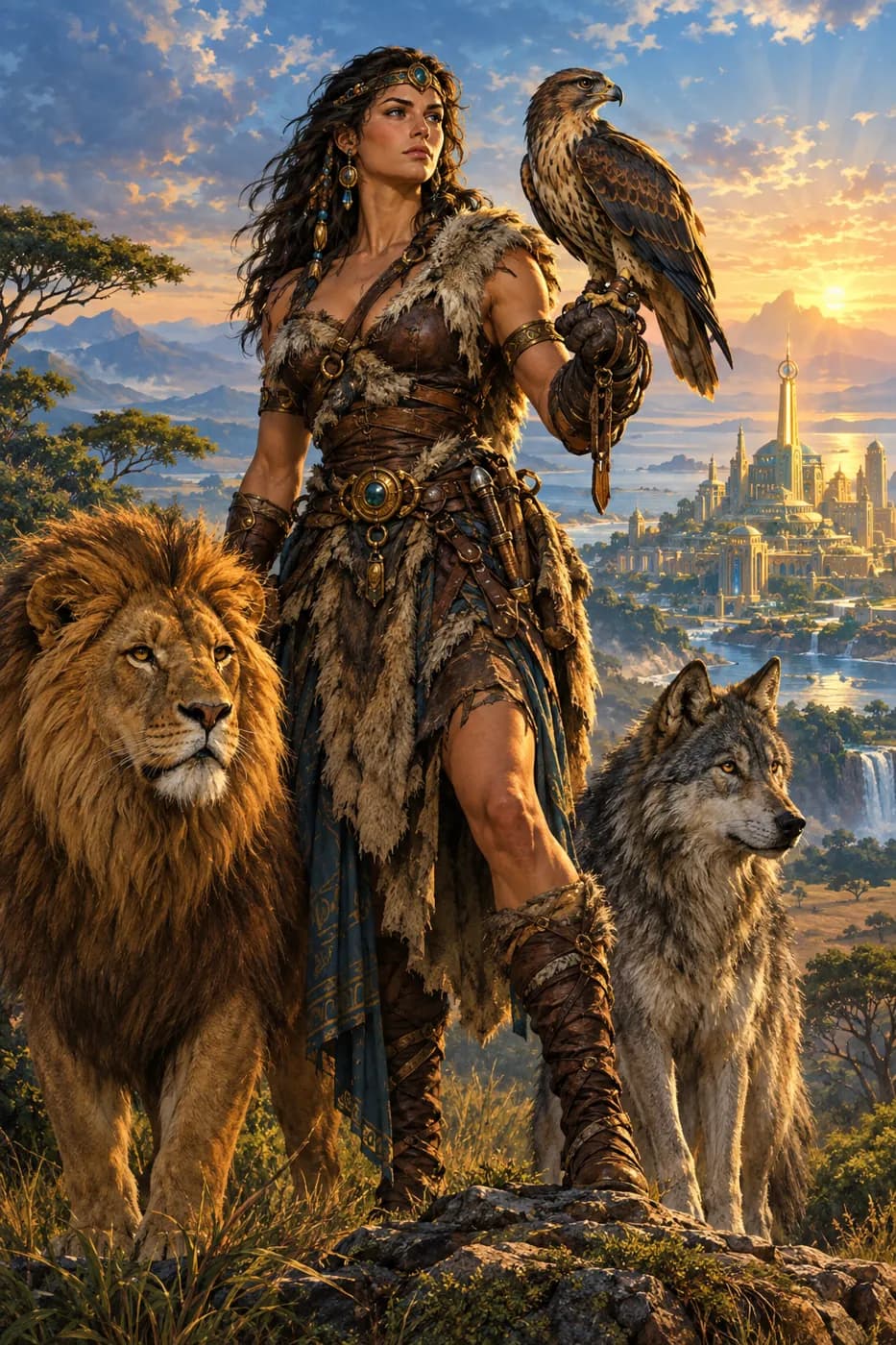 A dark-haired woman in hide armor stands on a dawn savannah with a hawk on her arm, a maned lion and a gray wolf at her sides.