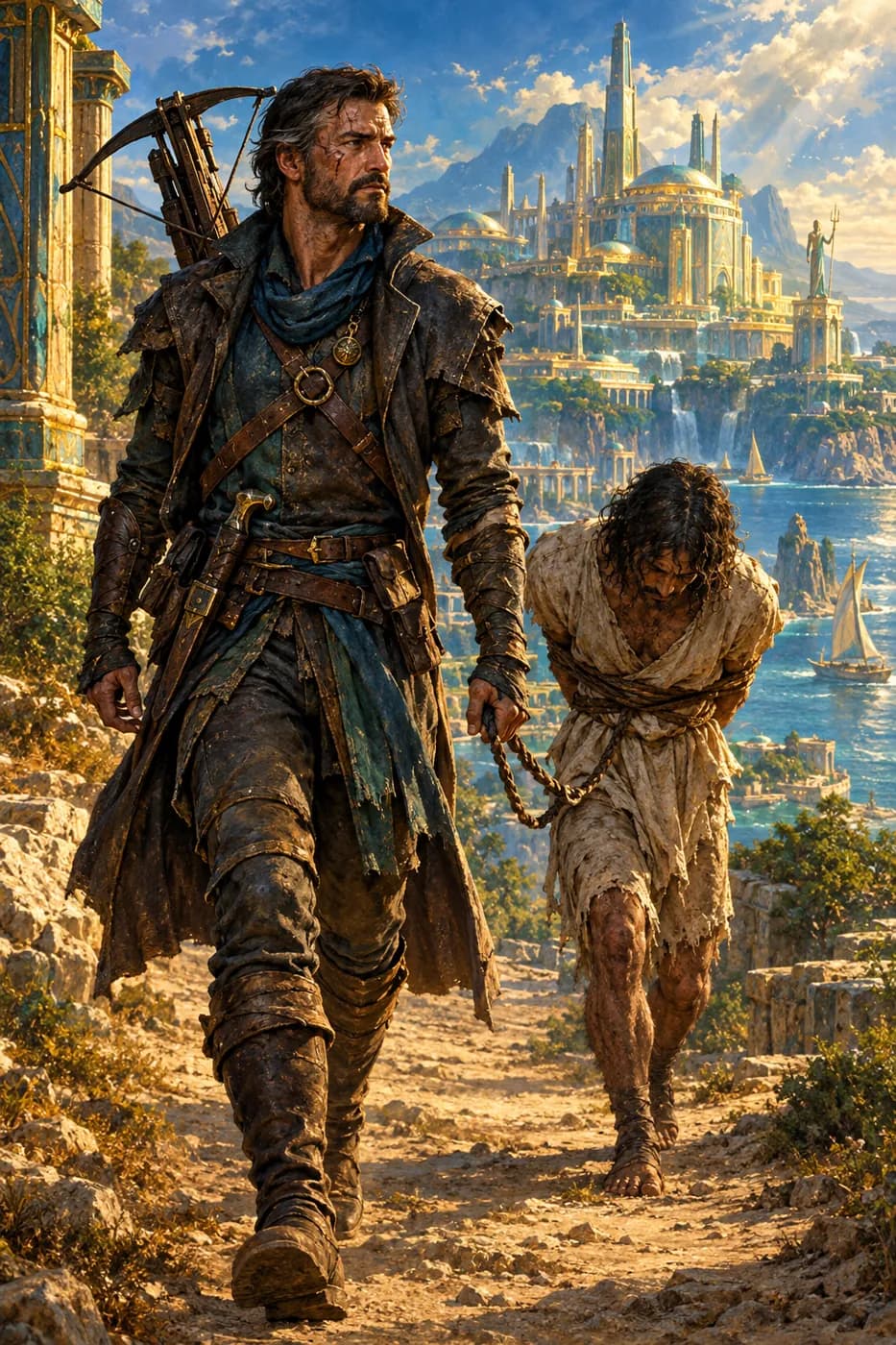 A scarred, bearded man in weathered leathers with a crossbow on his back leads a chained captive along a dusty coastal road.