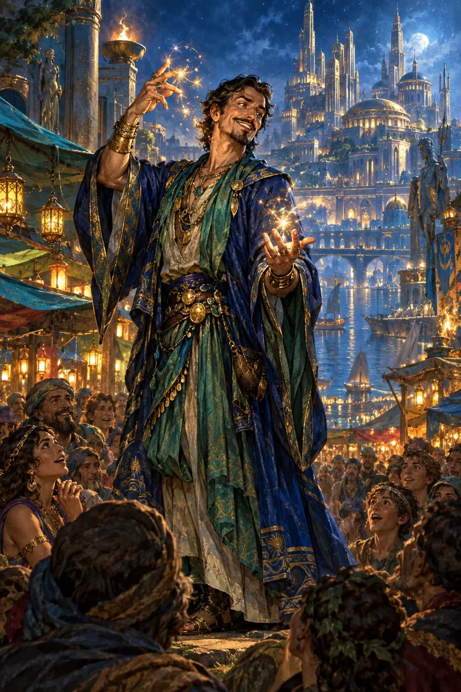 A grinning man in blue and green robes conjures sparks from his fingertips before an awed crowd at a lantern-lit night market.