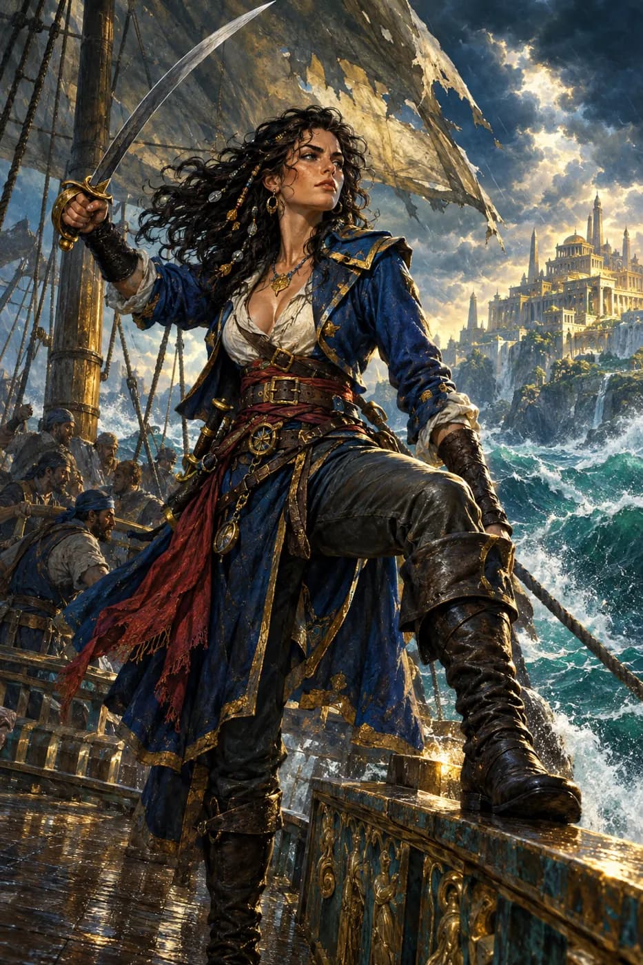A dark-haired pirate captain in a blue coat raises her cutlass, one boot on the rail of a storm-tossed galley under torn sails.