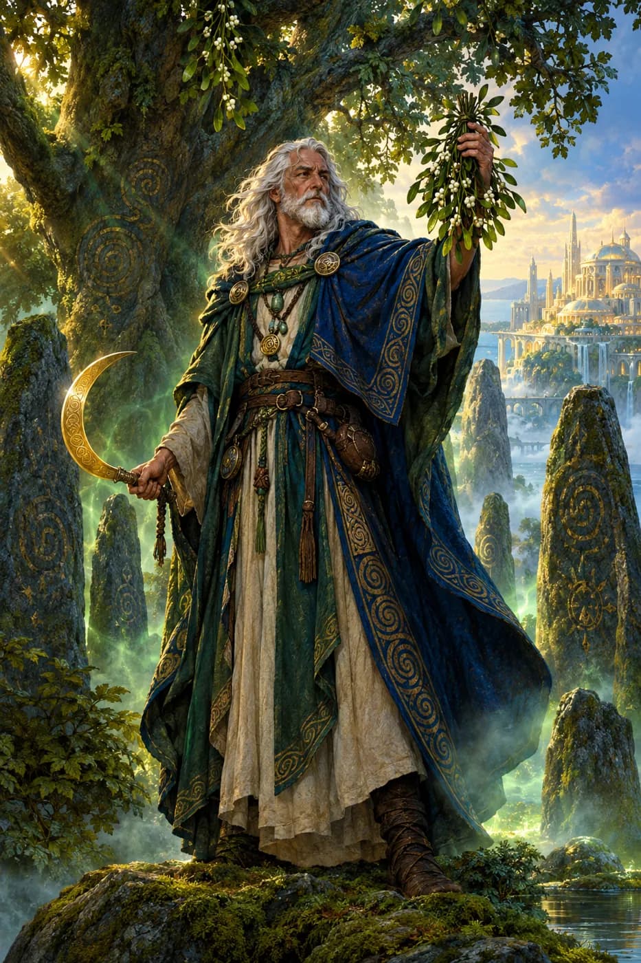 A white-haired druid holds up mistletoe and a golden sickle beneath a great oak ringed by mossy standing stones in green mist.