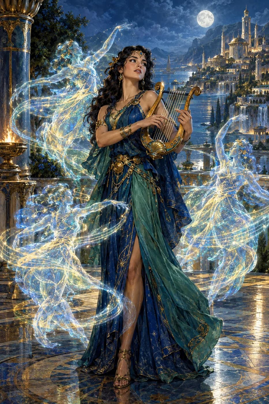 A young woman with a lyre weaves swirling ribbons of shimmering light around herself in a moonlit palace courtyard.