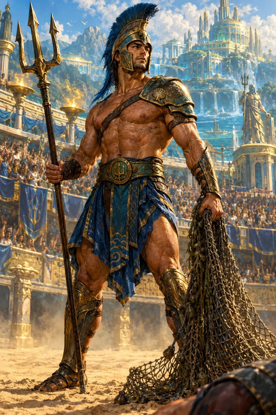 A muscled gladiator in a crested bronze helm grips a trident and a net on the sand of a sunlit arena before packed stands.