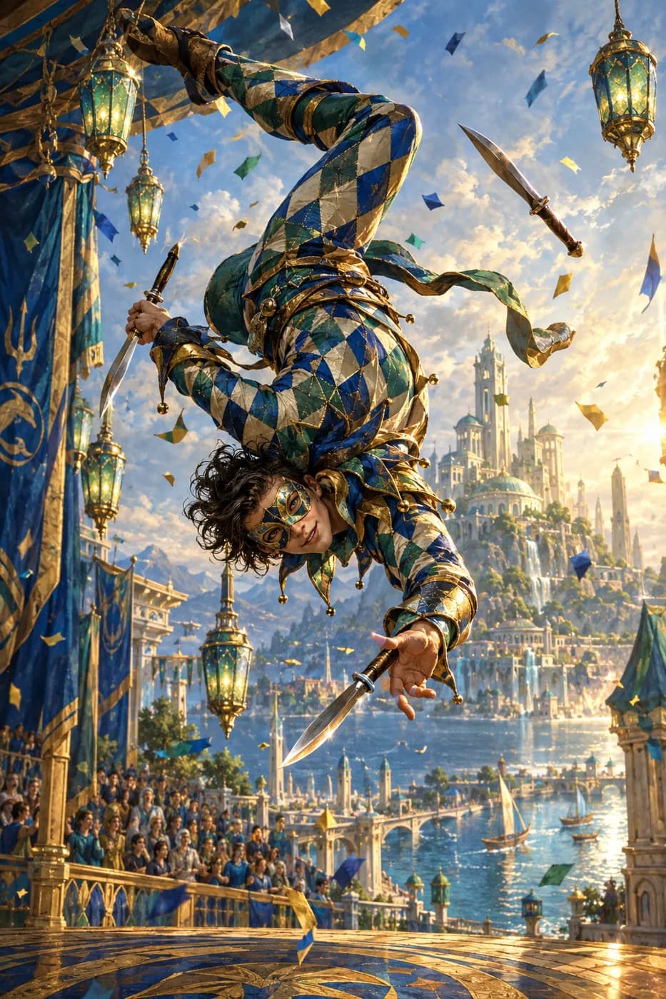 A harlequin in a blue and gold diamond costume somersaults upside down over a festival stage, juggling knives amid confetti.