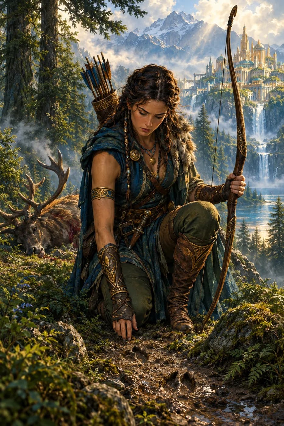 A young woodswoman with a longbow kneels to read tracks in a misty mountain forest, a slain stag lying behind her.