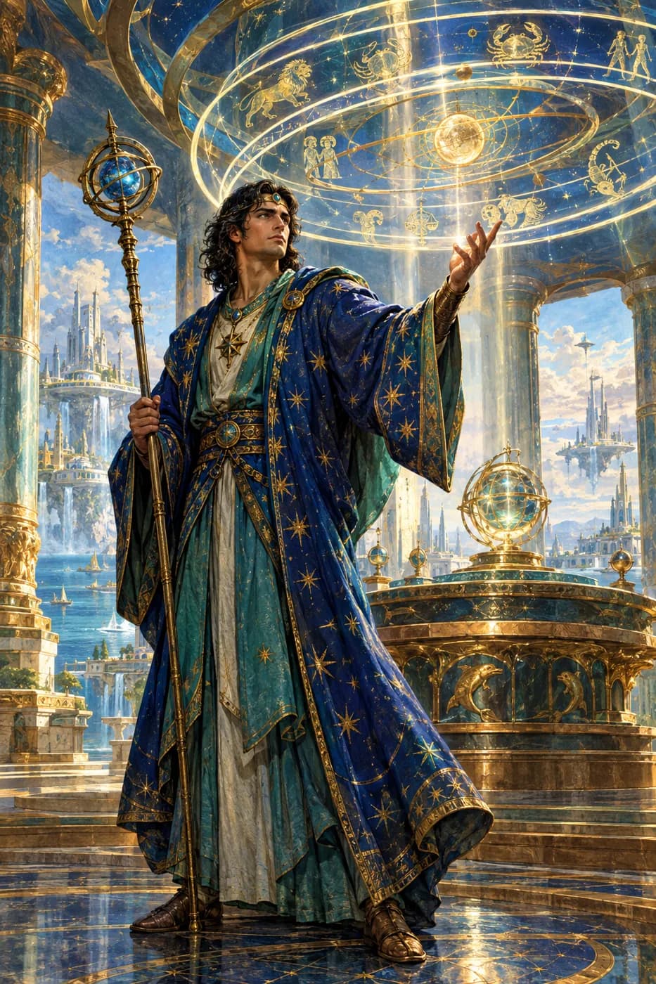 A regal mage in star-embroidered blue robes raises a hand beneath glowing zodiac rings turning above an altar in a temple observatory.