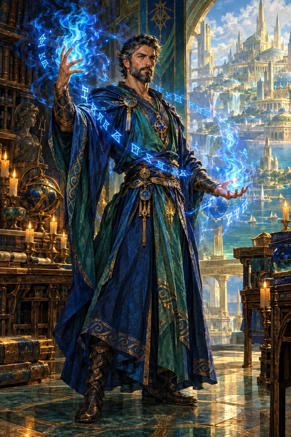 A sharp-bearded magician in blue robes conjures swirling blue fire and floating runes in a candlelit hall overlooking a city.