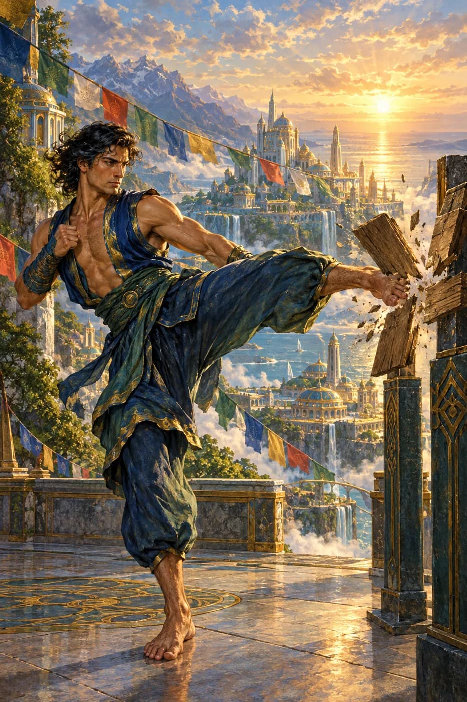 A lean barefoot martial artist breaks a wooden board with a high kick on a mountain terrace at sunrise, prayer flags overhead.