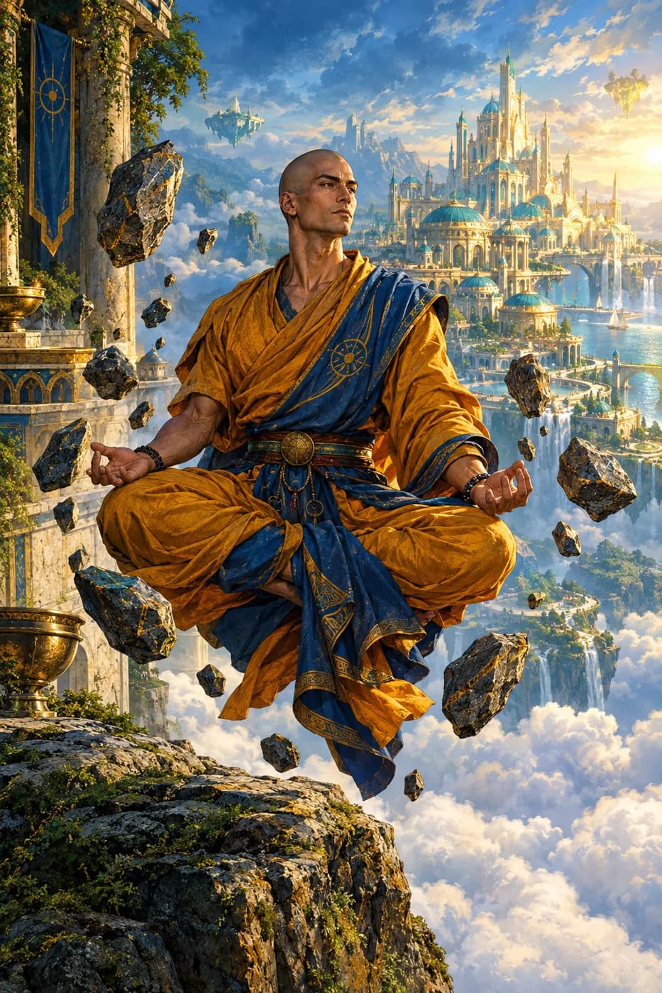 A shaven-headed monk in saffron and blue meditates in midair at a cliff edge as rocks levitate around him above the clouds.