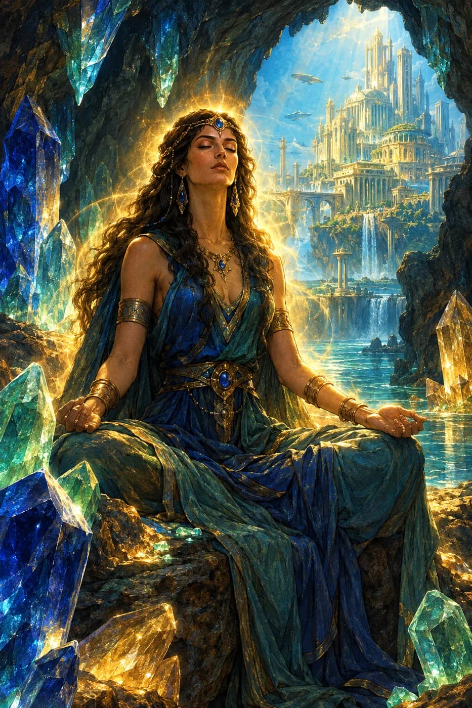 A serene woman with closed eyes sits in a cave of glowing blue and green crystals, wrapped in a golden aura of inner light.