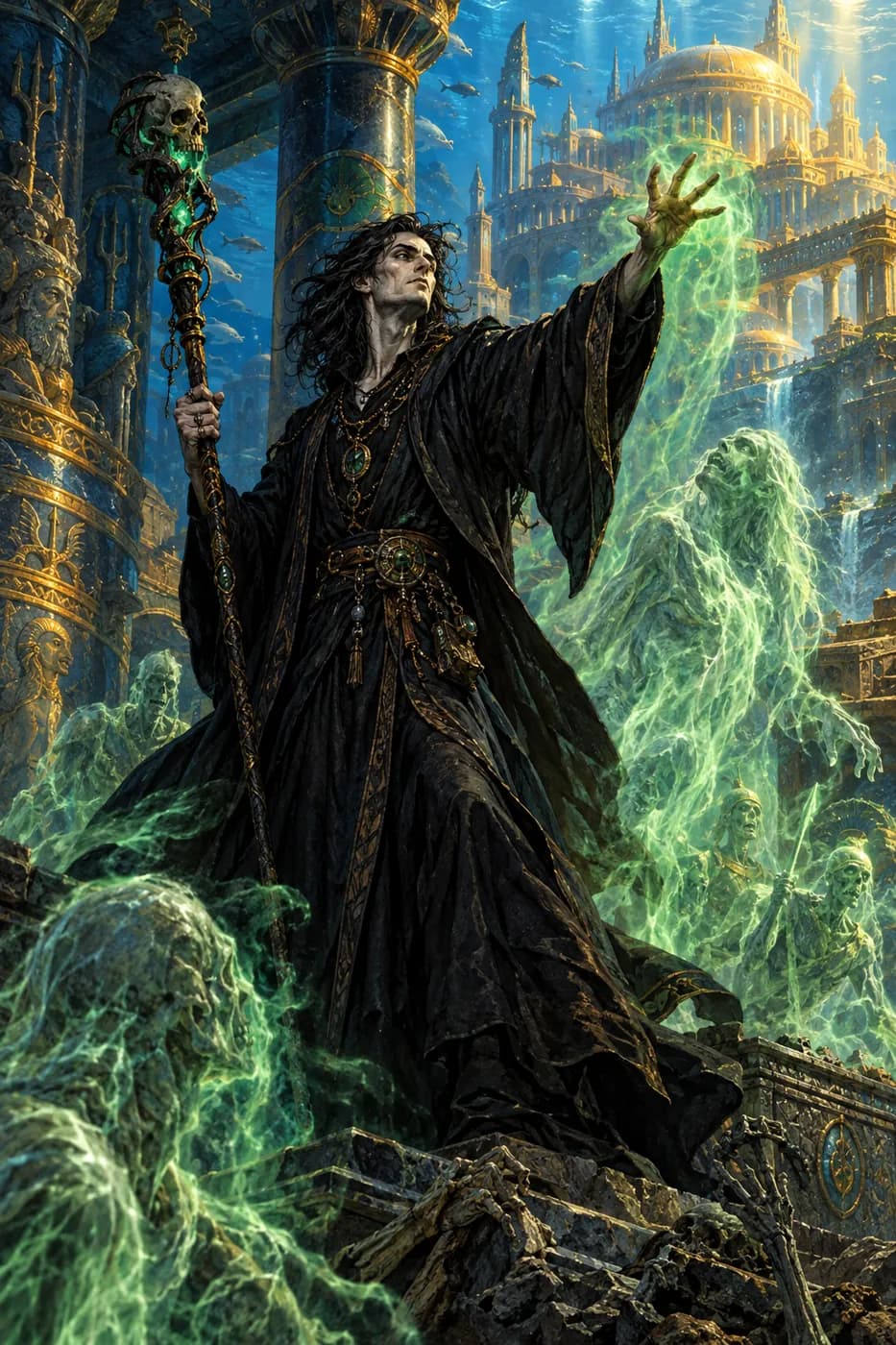 A gaunt necromancer in black robes lifts a skull-topped staff as green ghostly dead rise from a crypt, fish swimming overhead.