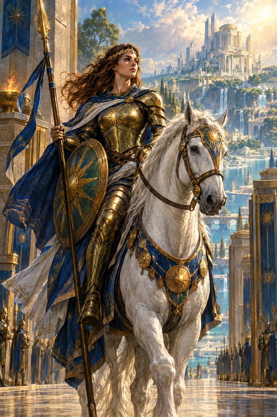 A woman knight in gleaming gold plate rides a white warhorse with a lance and sun-disc shield through a temple city's streets.
