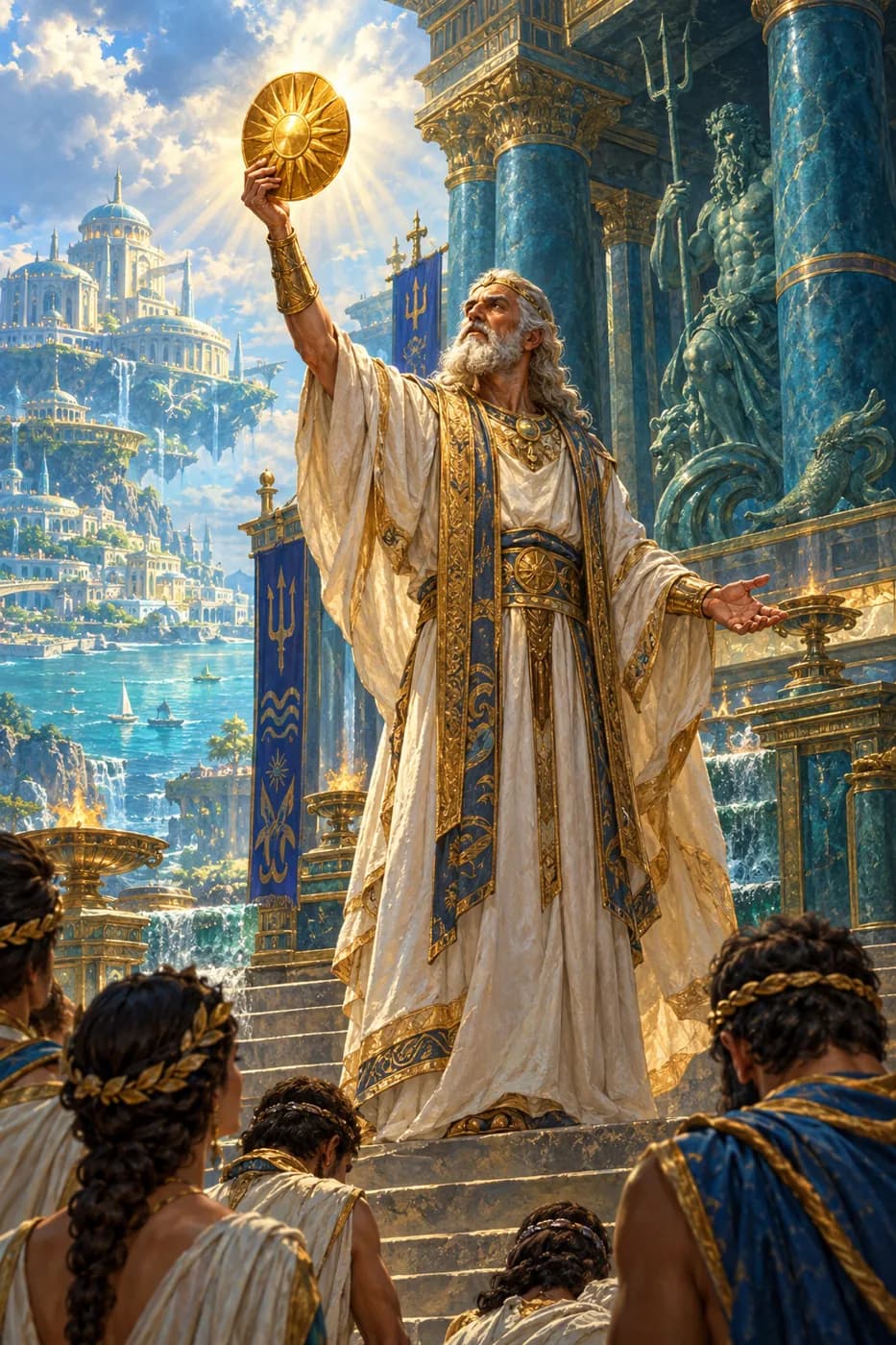 An elderly white-bearded priest in white and gold robes raises a golden sun disc before worshippers on great temple steps.