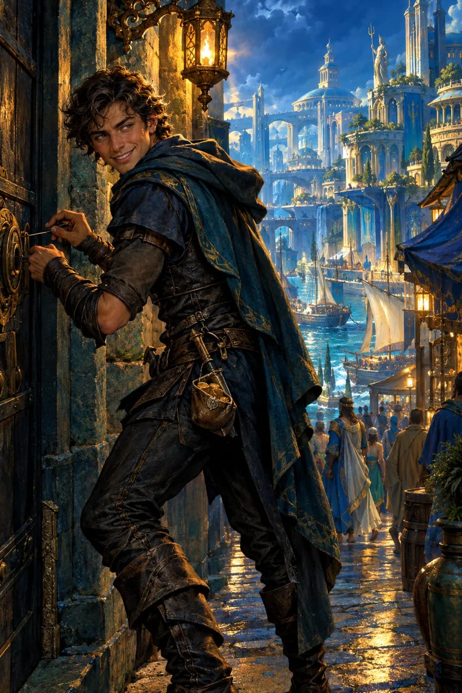 A grinning young rogue picks a door lock in a lamplit port-city alley, glancing back over his shoulder, a purse at his belt.