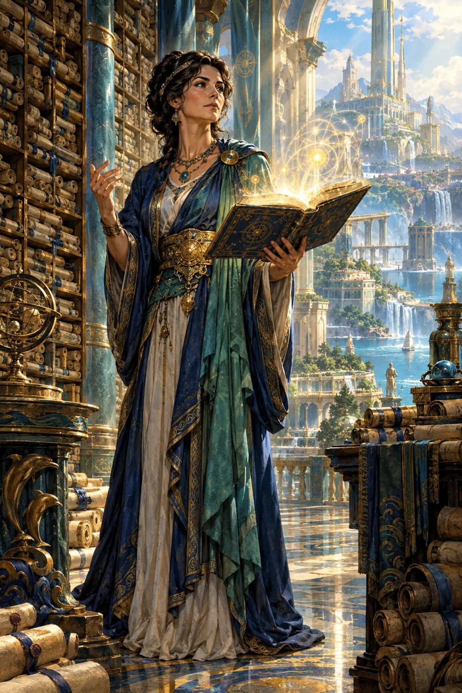 A scholarly middle-aged woman holds an open book glowing with golden light in a vast library of towering shelves and scrolls.