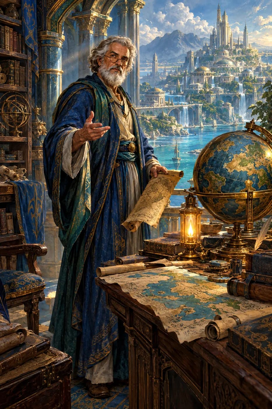 A bespectacled white-bearded scholar gestures beside a desk strewn with maps, scrolls, a lantern and a large globe.