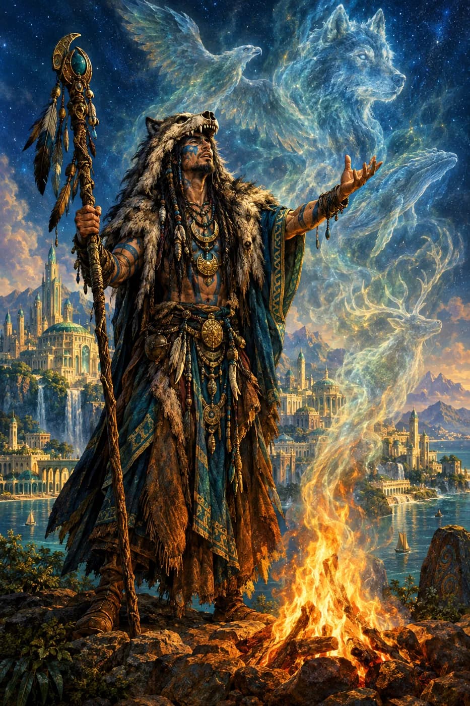 A painted shaman in a wolf-head pelt raises a staff beside a bonfire as spirit wolf and eagle forms rise in the starry smoke.