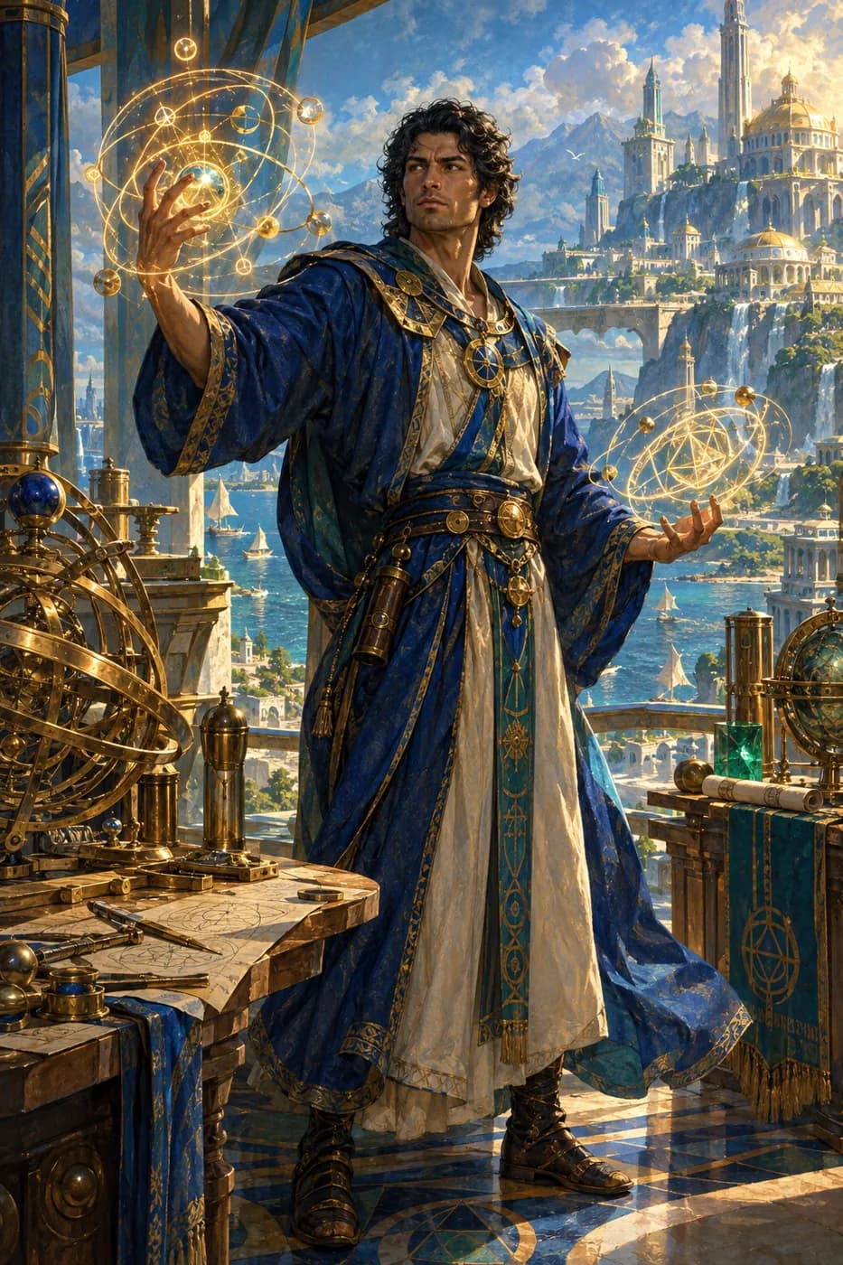 A sorcerer in blue robes stands at a workbench of brass armillary instruments as glowing geometric sigils orbit both his hands.