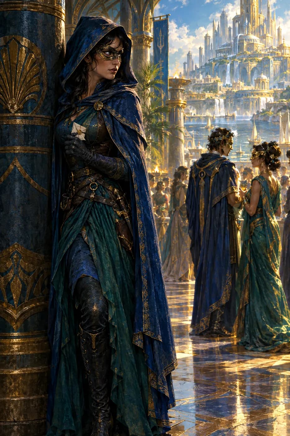 A hooded, masked woman listens from behind a pillar at a palace ball, a folded letter tucked in her gloved hand as masked guests pass.